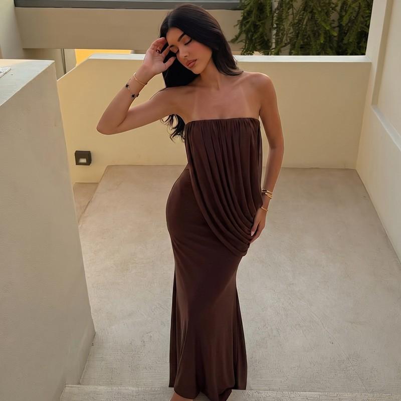 Womens 2026 Fashion Dress Asymmetrical Strapless Mesh Pleated Gown Sexy Slim Fit Party Cocktail