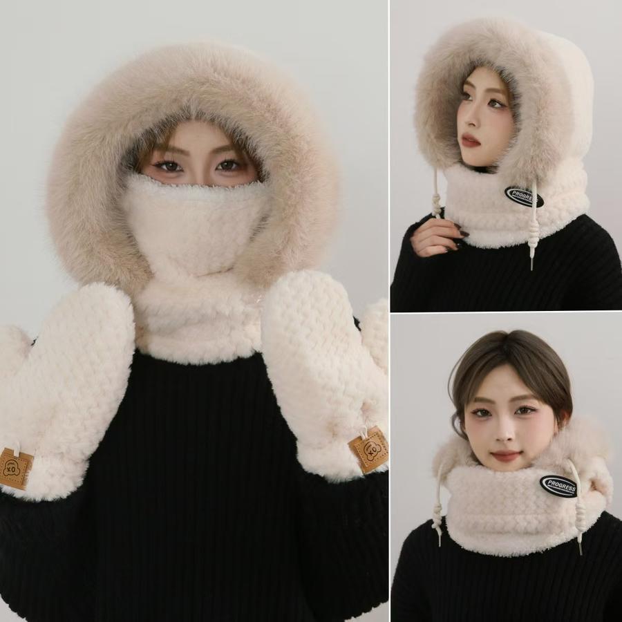 Warm Winter Beanie Hat with Scarf and Gloves for Women - Fleece-lined Cycling Windproof Hat