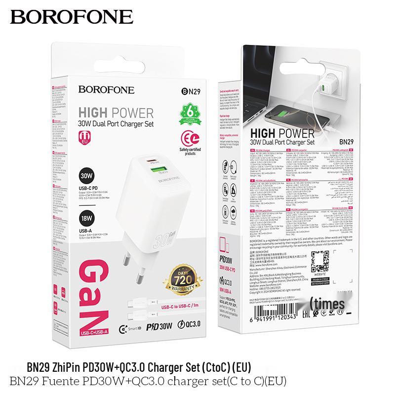 BOROFONE BN29 Двухпортовое Быстрое Зарядное Устройство PD30W+QC3.0 Стандарт ЕС Сертификация CE