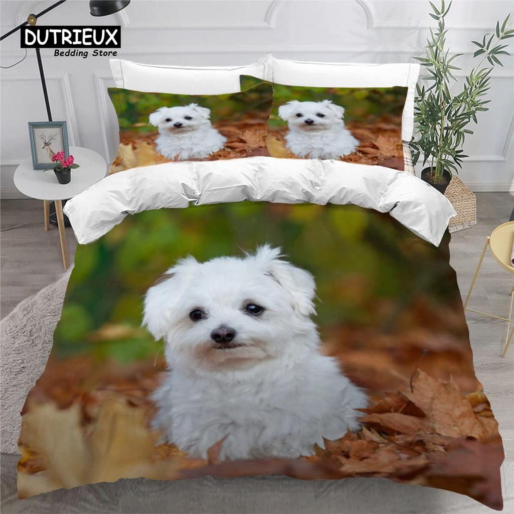 Cute Maltese Dog Duvet Cover Set Pet Dogs Theme Bedding Set Microfiber Kawaii Animal Comforter Cover Twin King For Kids Teens