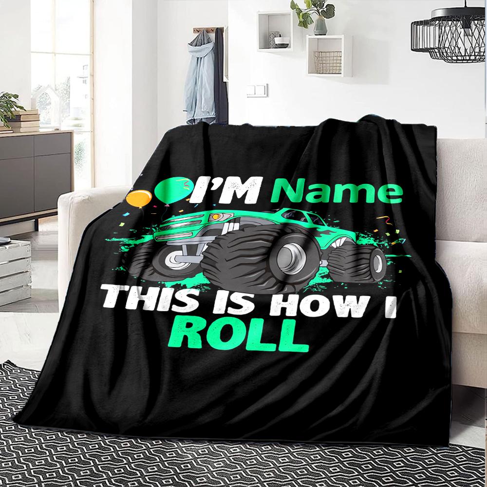 Custom Name Truck Theme Printed Blanket - Perfect for Couch, Bed, Travel & Outdoor Use | Machine Washable, Cozy & Durable.