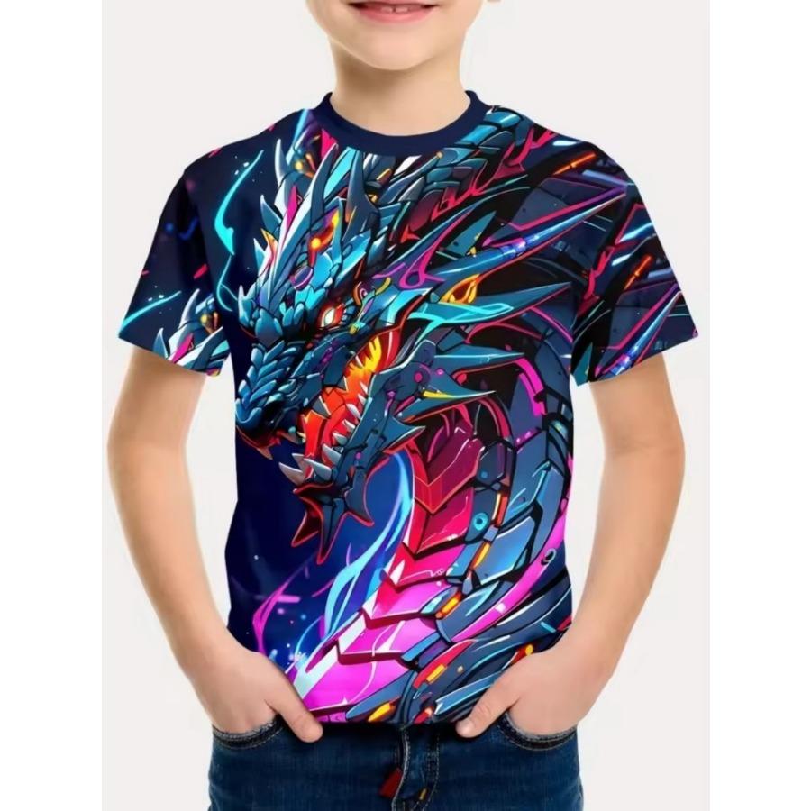 3D Digital Print Kids Stylish Lion Dragon Animal Pattern T-Shirt Boys Short Sleeve Crew Neck Casual T-shirts