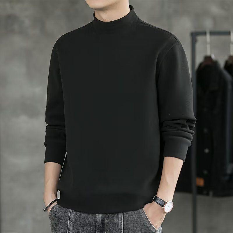 Autumn Winter Fleece Hoodie for Men Loose T-shirt with Long Sleeves and Half-high Collar, Warm Basic Shirt for Men