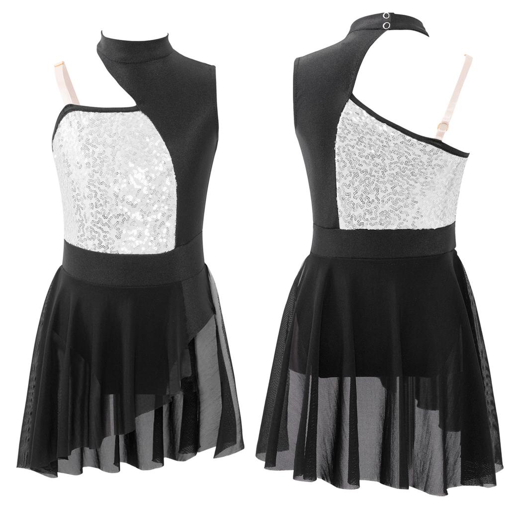 Асимметричная балетная/современная танцевальная одежда с лифом, расшитым пайетками, и многослойной юбкой из тюля