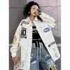 Womens Casual Denim Shirt 2026 Heavy Embroidery Patch Letter Print Distressed Top Streetwear