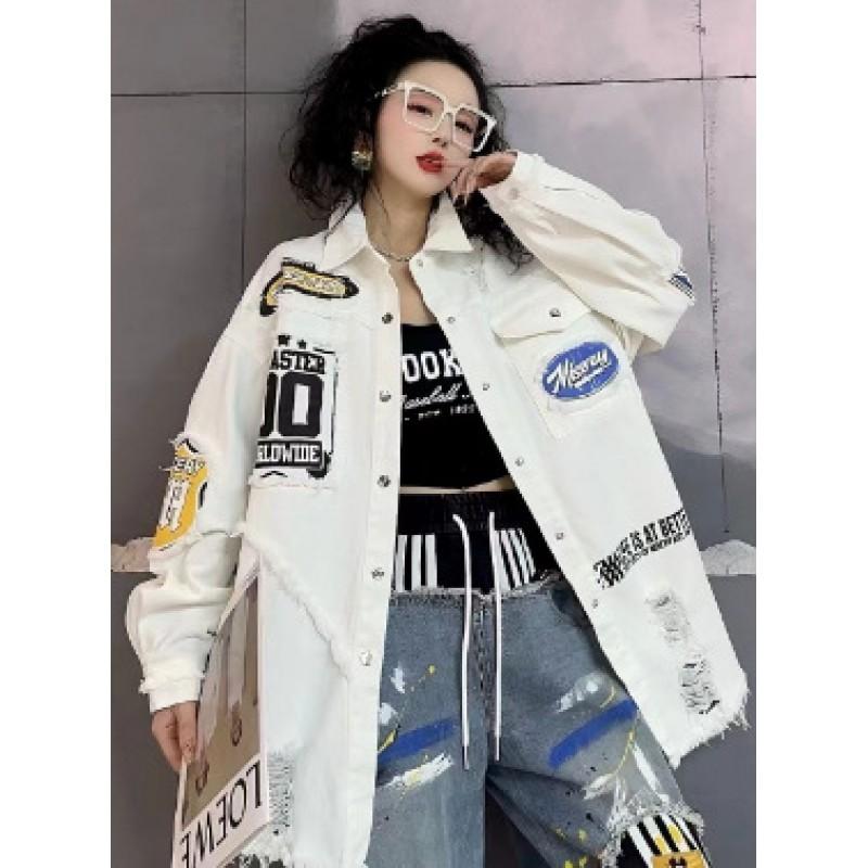 Womens Casual Denim Shirt 2026 Heavy Embroidery Patch Letter Print Distressed Top Streetwear