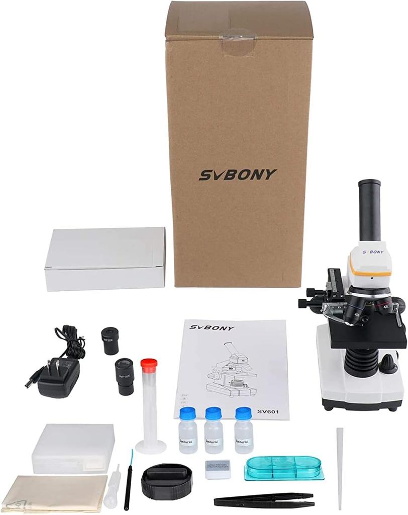 Svbony SV601 Монокулярный микроскоп, 40X-1600X Высокое увеличение Биологический микроскоп с двойной светодиодной системой освещения, Одноосевой грубый/точный