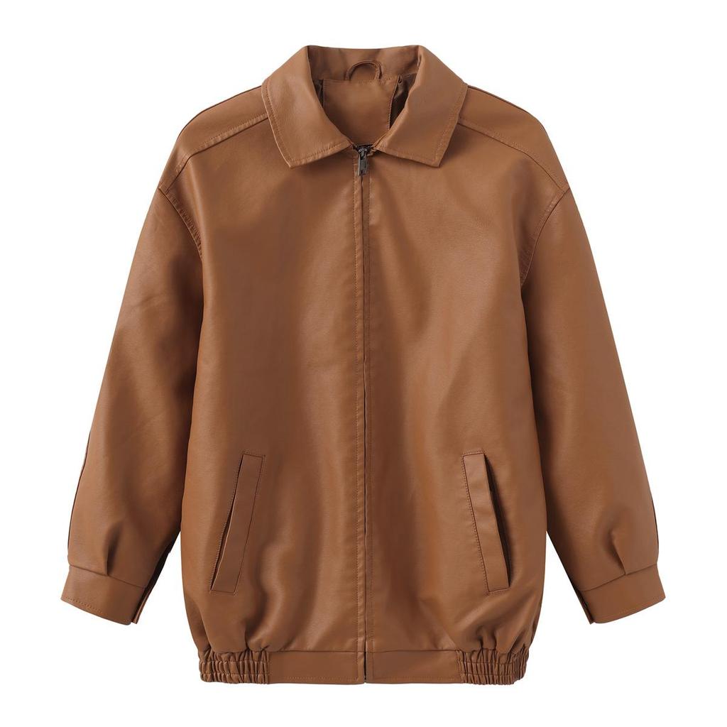 Осень-зима Женская приталенная куртка из искусственной кожи с воротником-лацканами и длинным рукавом на молнии