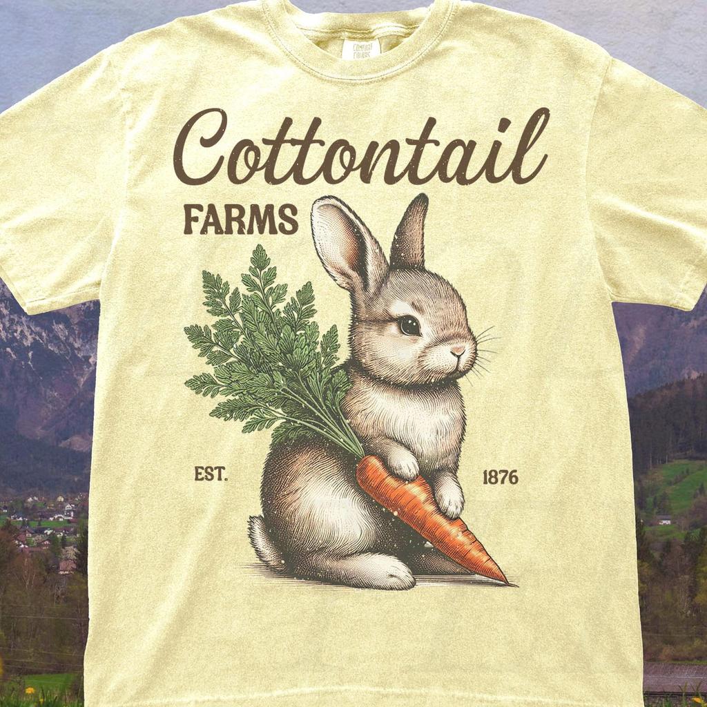Vintage Bunny with Carrot Shirt, Cottontail Farms Spring Tee, Cottagecore Rabbit Tee, Farm Animal Comfort Colors, Easter Bunny Lovers Gift