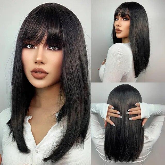 Purple Pink Ombre Black Short Straight Synthetic Wigs with Bangs Bob Wig for Women Daily Cosplay Party Heat Resistant Fake Hairs