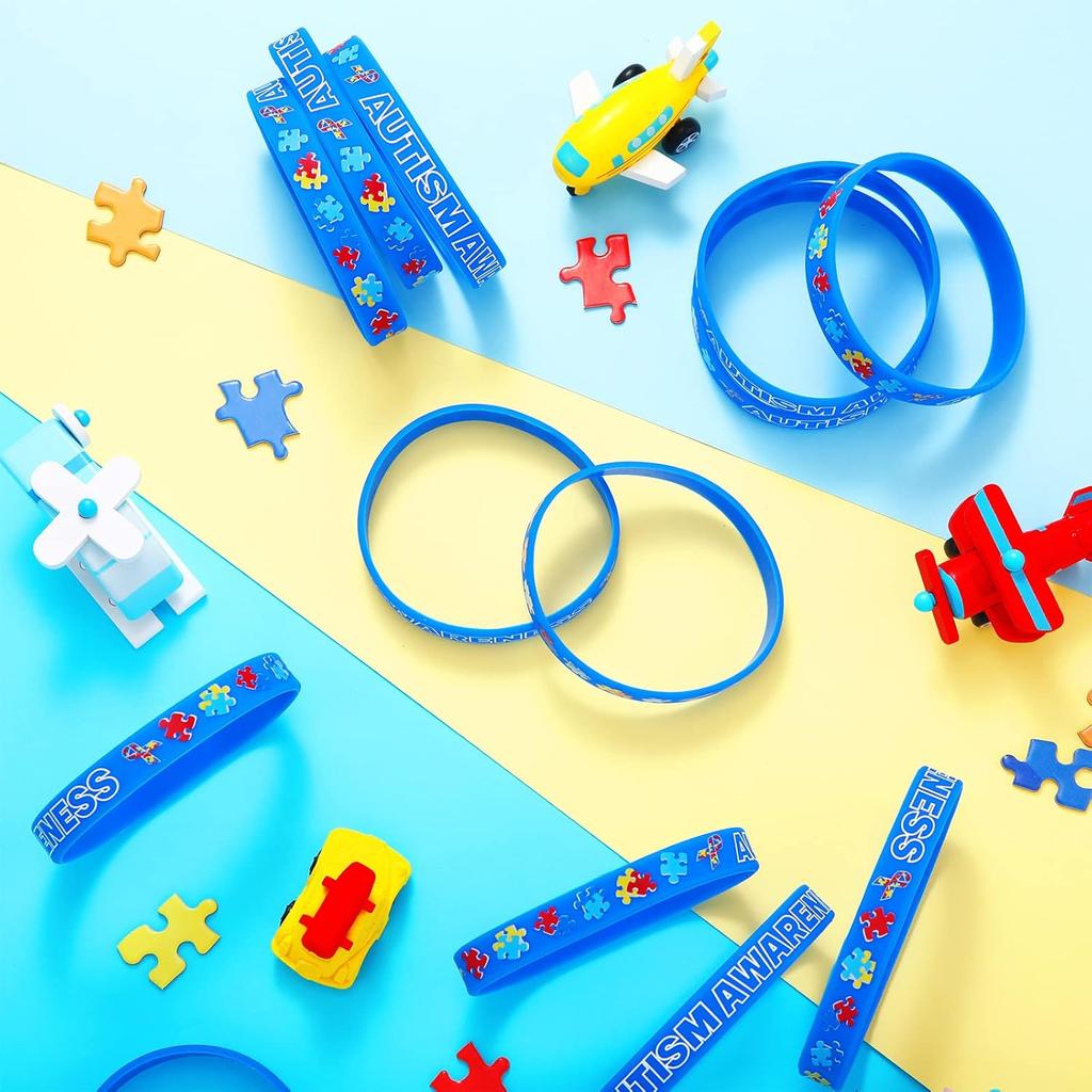 MTLEE 96 Pack Autism Bracelet Colorful Puzzle Pieces Ribbons Motivational Rubber Wristbands Autism Awareness Silicone Bracelets for Men Women Party