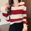 Стильный полосатый вязаный свитер для женской осени, выполненный в ретро и непринужденном стиле, короткий топ с длинными рукавами