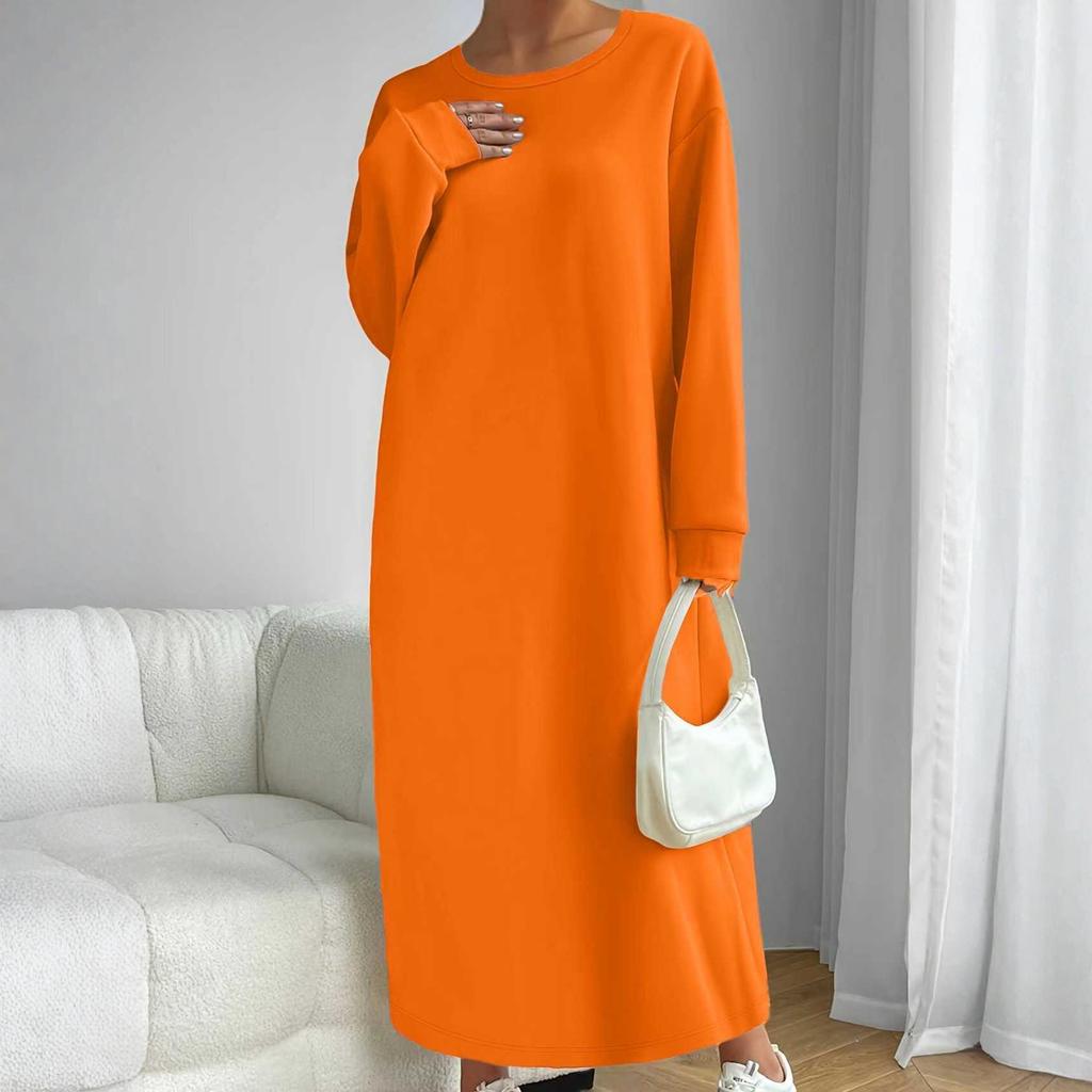 Женское модное однотонное платье с длинным рукавом и круглым вырезом