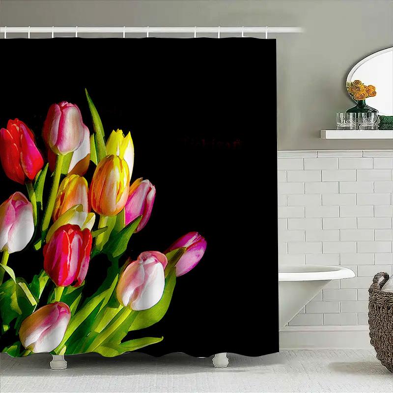 Modern Floral Print Shower Curtain Set Bathroom Decor with Vivid Colors for Kitchen 3D Printed Water-Saving Bath Curtains Size:1