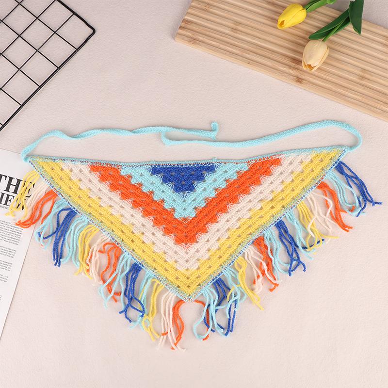 Ажурная треугольная косынка ручной вязки, богемный тюрбан, шарф для волос, многофункциональное использование, этнический стиль, пояс, декор