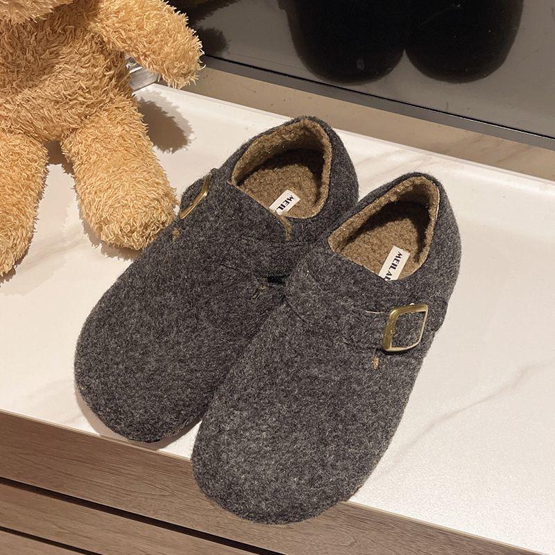 Women's velvet cotton scoop loafers round head thin warm season Birkenstocks woolen felt shoes one pedal