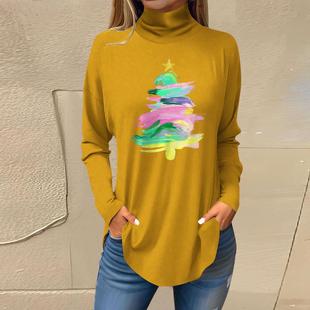Women's Fashionable Loose-Fit High-Neck T-Shirt With Christmas Print Long-Sleeved Top