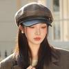 Autumn Hat Women's Leather Plaid Beret Versatile Face Cap Warm Octagonal Hat