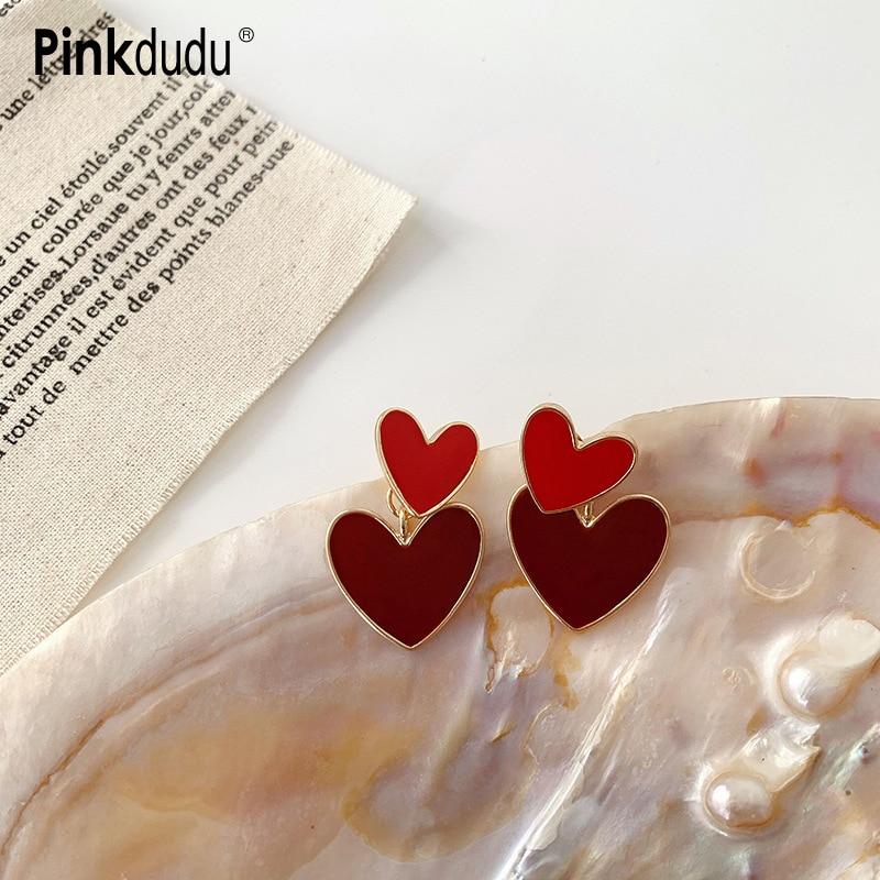 Pinkdudu Модные 3 цвета, серебряные серьги-капельки с двойной любовью, милые романтические серьги-капельки с масляными сердечками для женщин, ювелирные изделия PD1354