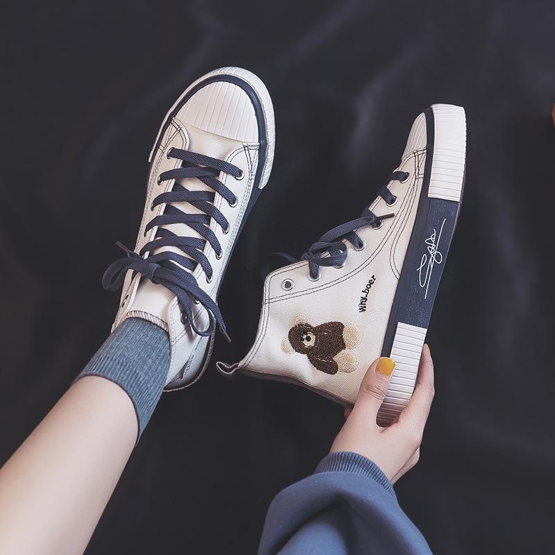 Женские парусиновые кеды с высоким верхом, тройной вулканизацией, ретро, с вышивкой медведя, студенческие повседневные кеды, резиновая подошва, обувь на плоской подошве