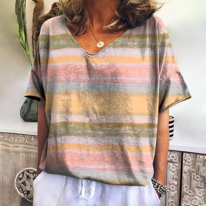 Vintage Women's T-Shirt 3d Striped Print Pullover Casual Street V Neck Tops Tees Summer Fashion Oversized Tshirt Lady Clothing