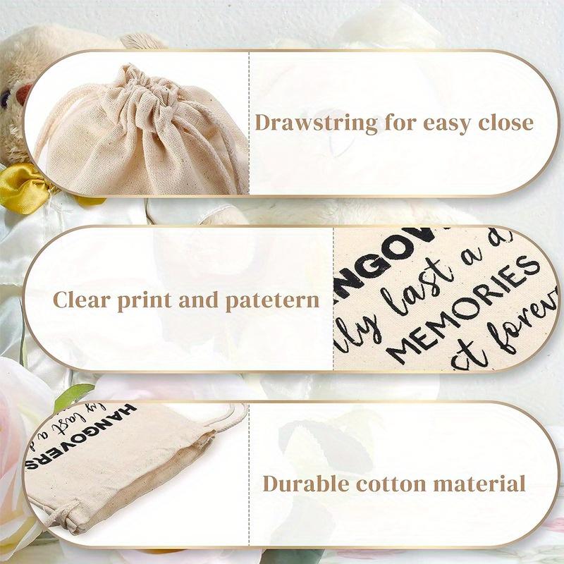 10Pack Muslin Party Favor Bags, Drawstring Wedding Bags, Hangover Bachelorette Bag, Survival Recovery Kit Storage Bag for Wedding Bridal Groosman Gift