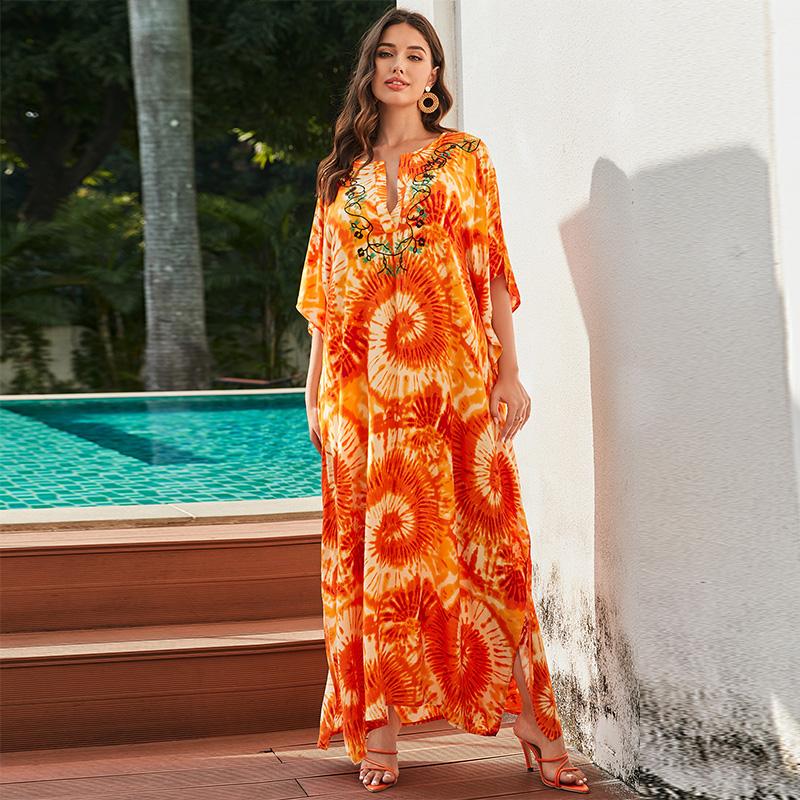 EDOLYNSA Sexy Kaftan Dress Women Plus Size Beach Wear 2023 Bohemian Tie Dye Striped Bikini Cover-ups Long Tunic Swim Suit Cover Up Q1517