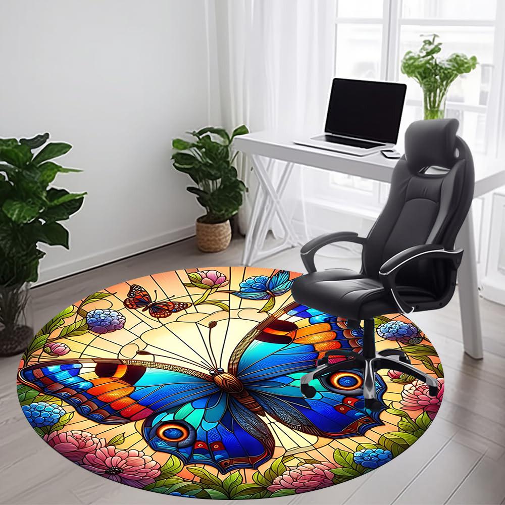 1PC Butterfly Garden Office Round Area Rug, Mat Suitable For Office, Under Office Chairs Bedroom Living Room Home Decor, Room Deco