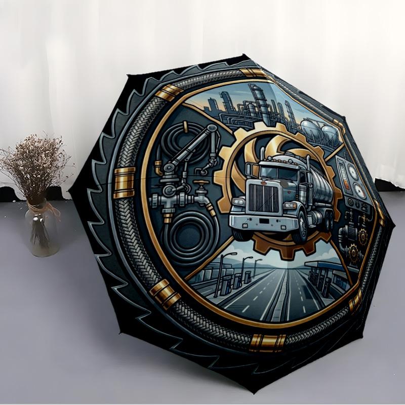 Industrial Gear Truck pattern umbrella, portable and foldable design, 8 ribs, a casual accessory for Halloween, Christmas, and birthday gifts.