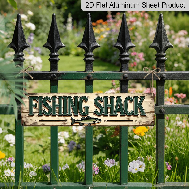 15.7×3.94inch Rustic Fishing Shack Metal Sign, Aluminum Decorative Sign, Rustic Wall Decor with Distressed Lettering & Orange Stripes, No Electricity