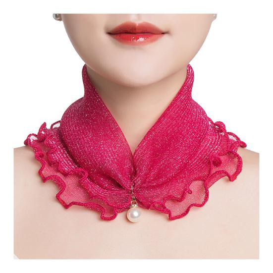 Faux Silk Scarf Lightweight Mesh Soft Shiny Touch Edge-covered Design Scarf with Faux Pearl Decor Neck Decoration