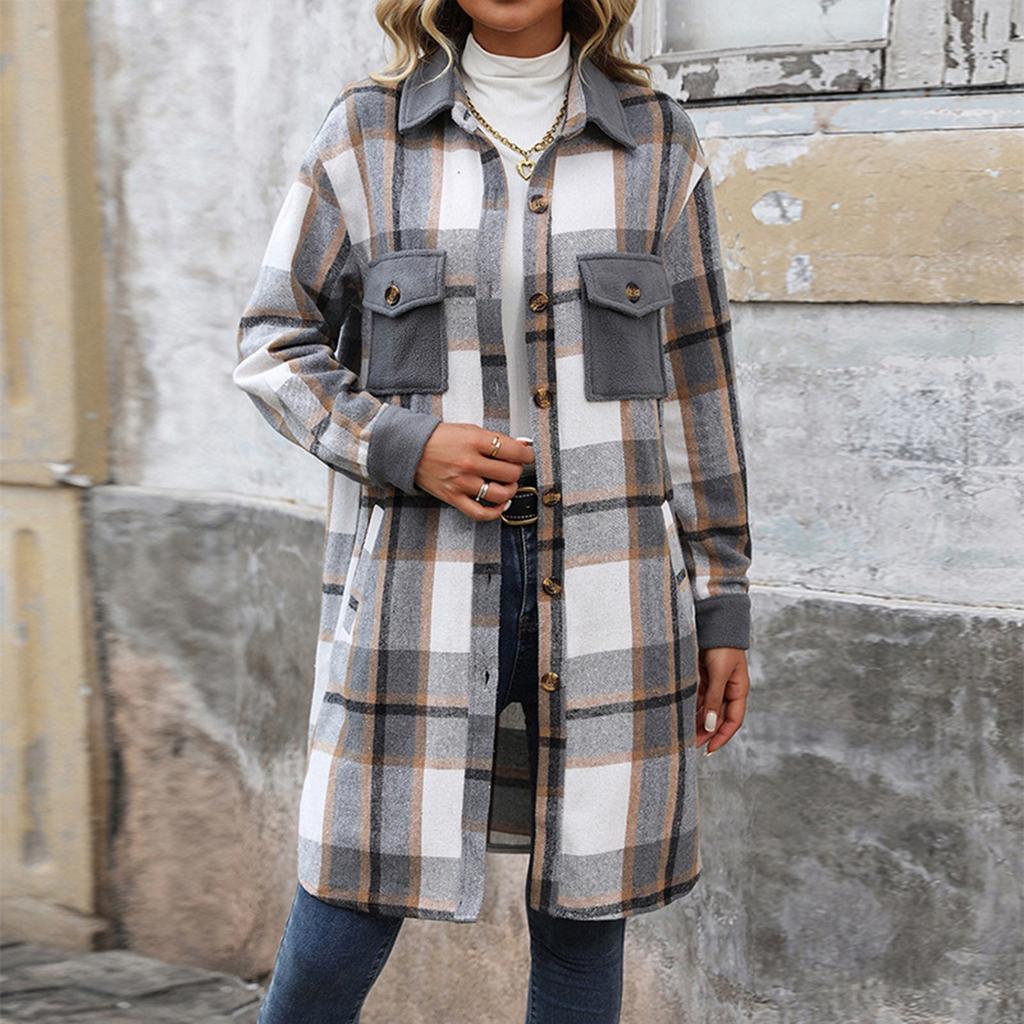 Women's Fashion Casual Long Sleeve Plaid Button With Pocket Jacket