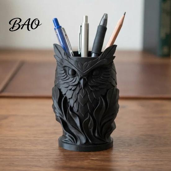 Stable Marker Storage 3D Printed Owl Pen Holder, Creative Desk Organizer for Office Stationery, Classroom Retro Relief Animal Container Pencils