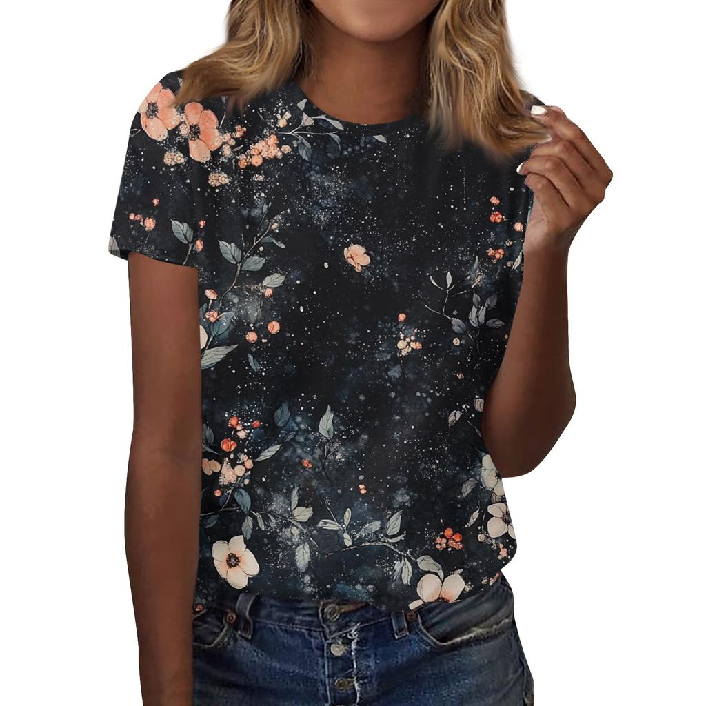 Women's Fashion Casual Printed Round Neck Short Sleeved T-Shirt Top T-Shirt Top Top