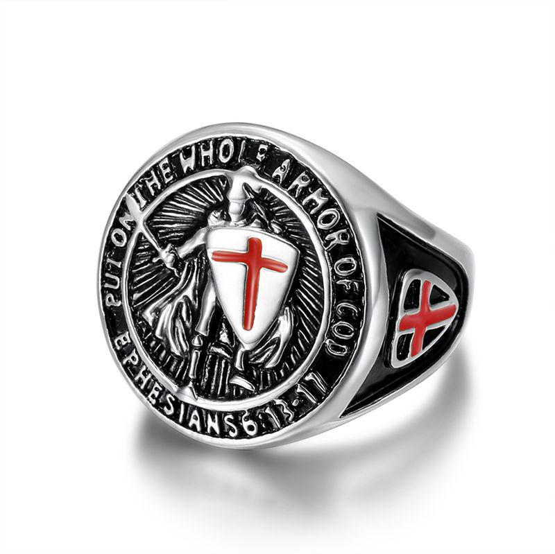 European-American Hip-Hop Men's Gold-Plated Titanium Ring with Vintage Templar Red Cross Shield