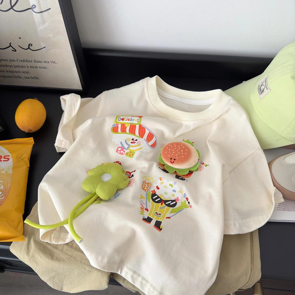 3D Hamburger Doll Children's Cotton Summer T-Shirt - Cute, Loose Fit, Short Sleeve