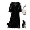 Advanced Goddess Black Dress! Strong Push Handmade Beaded V-neck a Half Sleeve Pleuche Dress Autumn and Winter Slimming
