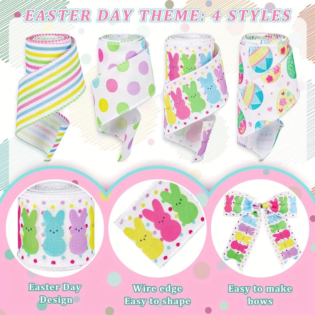 4 рулона ленты для венков и упаковки подарков, пасхальная джутовая лента с проволокой, твил/бобы/яйца/кролик для поделок, декор корзин, изготовление бантов, декор на Пасху