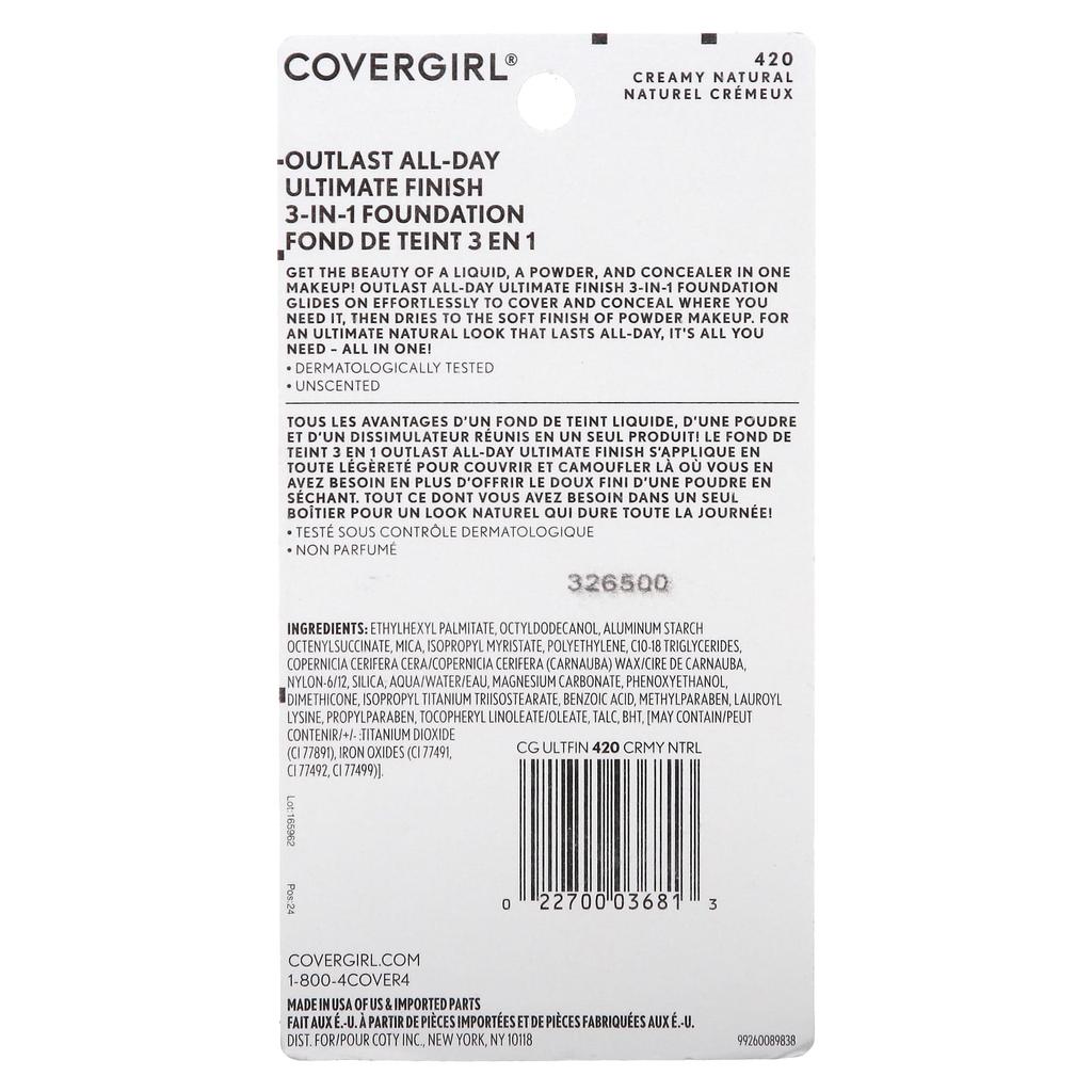 Covergirl Outlast All-Day Ultimate Finish, 3 In-1 Foundation, 420 Creamy Natural, 0.4 Oz (11 G)