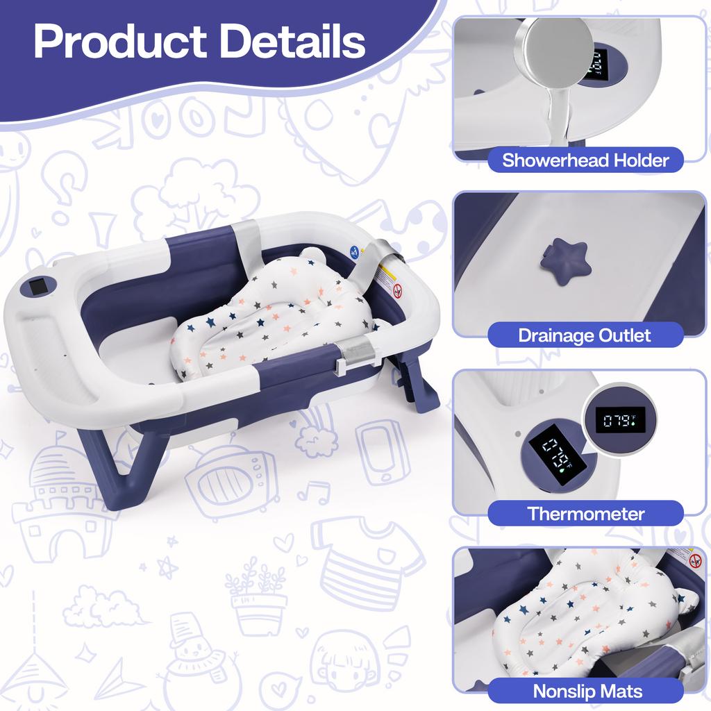 Детская ванночка, Детская ванночка с мягкой подушкой и термометром, Детская ванночка для новорожденных и малышей 0-36 месяцев, Портативная дорожная ванночка для малыша