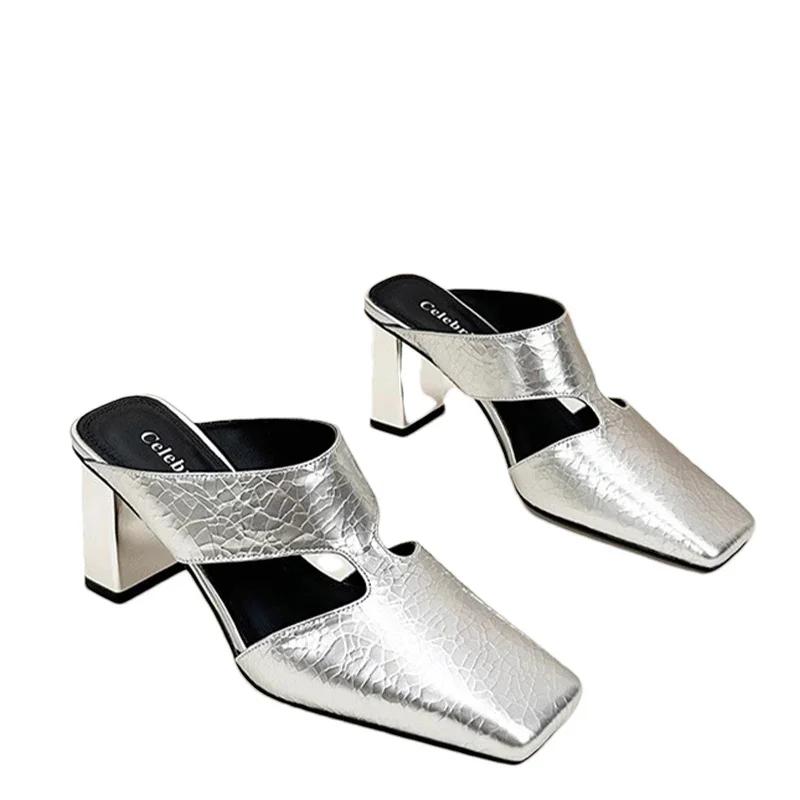 Fashion High Heels Women's Slippers Elegant Mules Shoes Square Toe Heeled Sandals 2025 Summer Pumps Classic Slingback Mujer Zapatillas