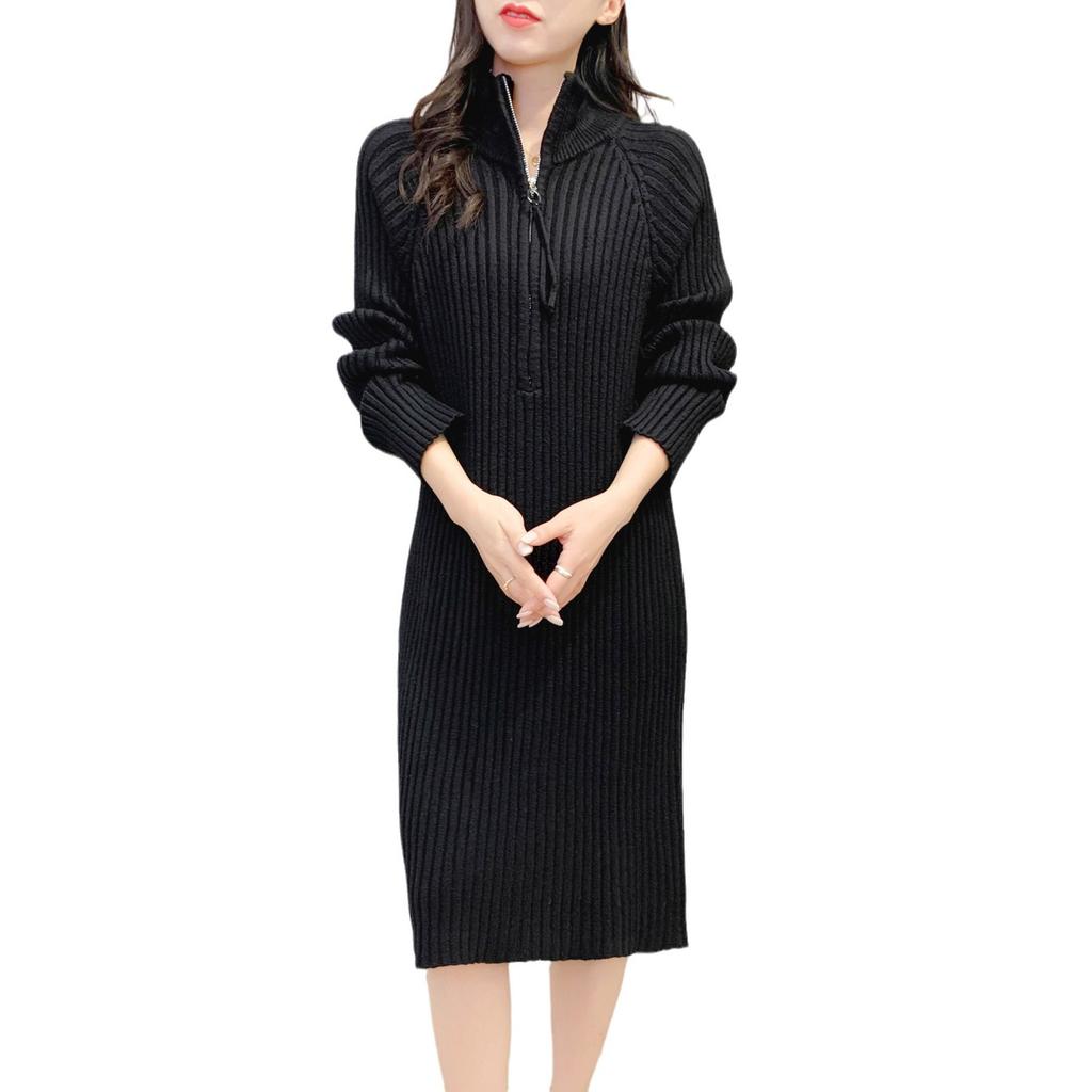 Temperament Autumn and Winter New Knitted Dress Medium and Long Half Zipper Loose Casual Stand-up Neck Sweater Skirt Women's Clothing