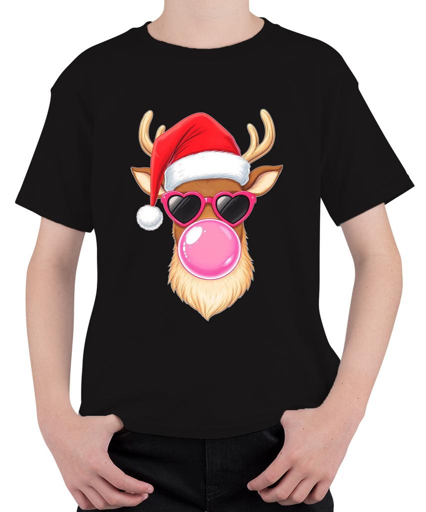 Christmas Reindeer with Bubblegum Heart Glasses Santa Hat Cool Unisex Kids T-S