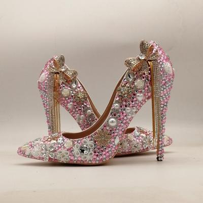 Мода Роскошный Кисточка Бант Кристалл Стразы Свадебные Туфли Невесты Сказочный Стиль Белый Розовый Жемчуг Банкет 5см 8см 10см Туфли на Высоком Каблуке43