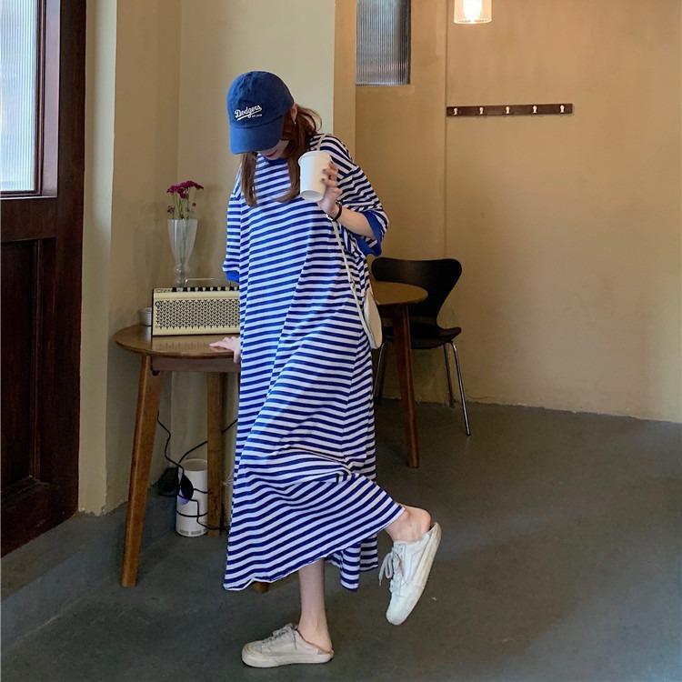 YYFS Женская мода Лето Весна Полосатый принт Рукава 1/2 Круглый вырез Свободная талия Повседневные платья