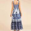 Летнее женское элегантное платье-макси миди длины на бретелях в богемном стиле с принтом