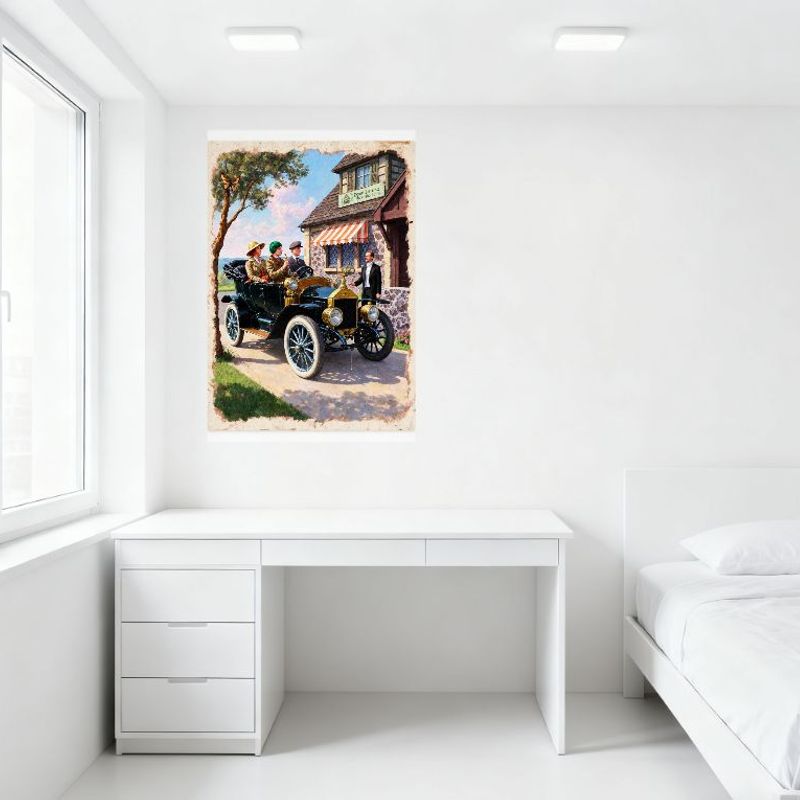 Винтажная металлическая жестяная вывеска 1920-х годов Ford Model T с пассажирами - Сцена из общего магазина для домашнего бара, ресторана, мужской комнаты, Деко