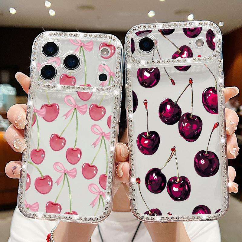 Роскошный чехол с узором из вишни и бриллиантами для iPhone 17 Pro Max Мягкий силиконовый чехол из ТПУ для iPhone 16 15 14 13 Pro Max