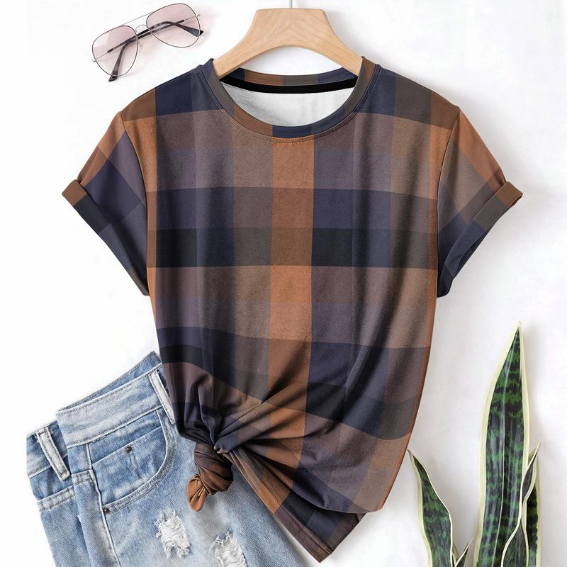 Striped Casual Sports Women's T-shirt Summer Round Neck Short Sleeved Element Pattern Checkered Loose Fit T-shirts
