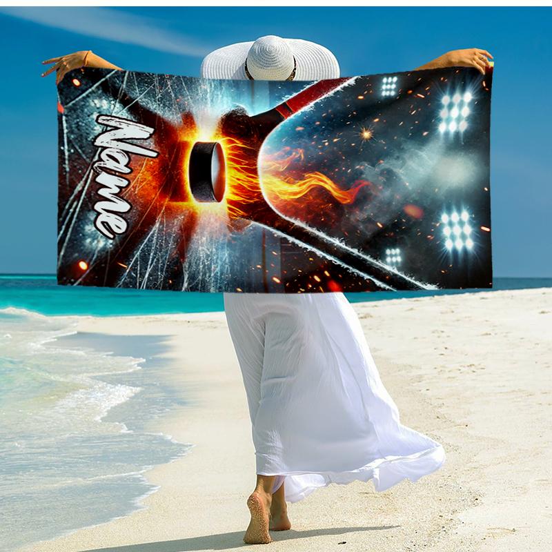 Custom Name Ultra-Soft Beach Towel with ice hockey Theme,Ideal for Pool - Camping, Diving - Perfect Travel Essential, Vibrant Beach Towel.
